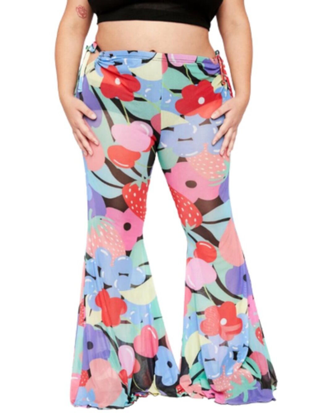 Current Mood Rainbow Fruit Print Mesh Bell Bottom Pants NWT Size 3X